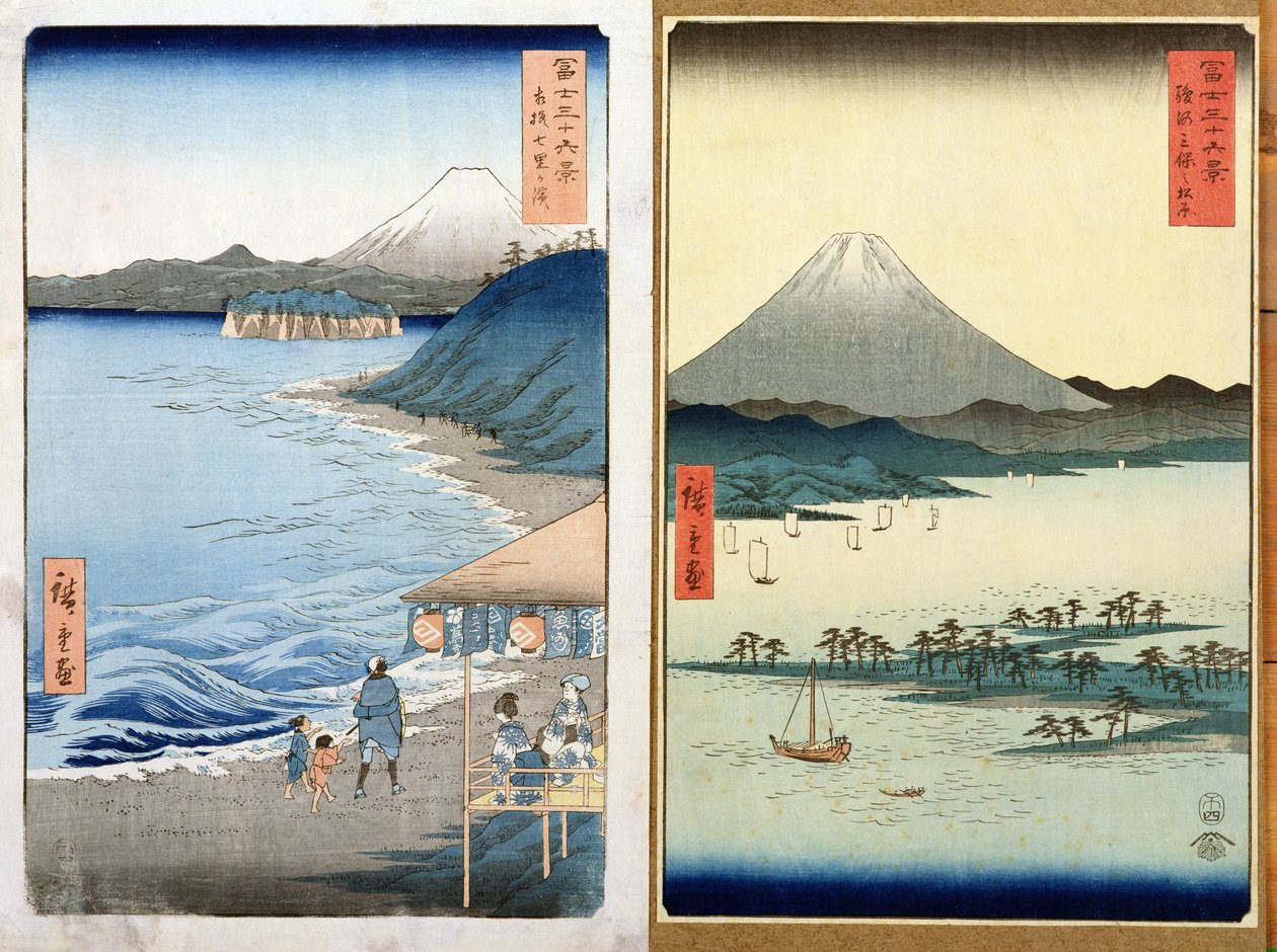 Góry i wybrzeże, dwa widoki z „36 widoków na Fudżi”, wyd. Kosheihei, 1853, (kolorowy drzeworyt) autorstwa Utagawa Hiroshige