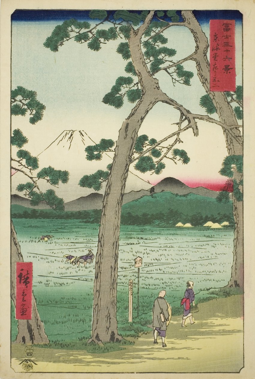 Mout Fuji Widziany z lewej strony na Tokaido (Tokaido hidari Fuji), z serii „Trzydzieści sześć widoków góry Fuji (Fuji sanjurokkei)” autorstwa Utagawa Hiroshige