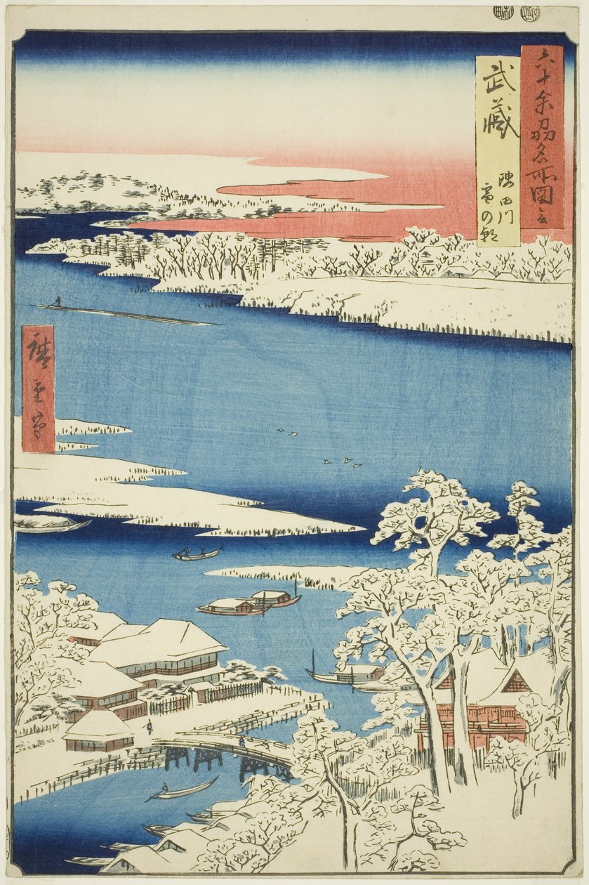 Prowincja Musashi: Poranek po śniegu nad rzeką Sumida (Musashi, Sumidagawa yuki no ashita), z serii „Słynne miejsca w sześćdziesięciu nieparzystych prowincjach (Rokujuyoshu meisho zue)” autorstwa Utagawa Hiroshige