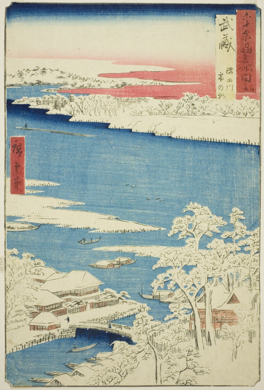 Prowincja Musashi: Poranek po śniegu nad rzeką Sumida (Musashi, Sumidagawa yuki no ashita), z serii „Słynne miejsca w sześćdziesięciu nieparzystych prowincjach (Rokujuyoshu meisho zue)” autorstwa Utagawa Hiroshige