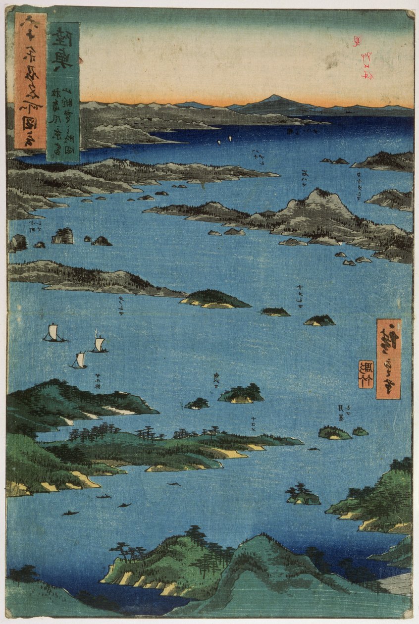 Prowincja Mutsu: Sceneria w Matsushima, z serii „Ilustracje słynnych miejsc w sześćdziesięciu nieparzystych prowincjach”, 1853 (kolorowy drzeworyt) autorstwa Utagawa Hiroshige