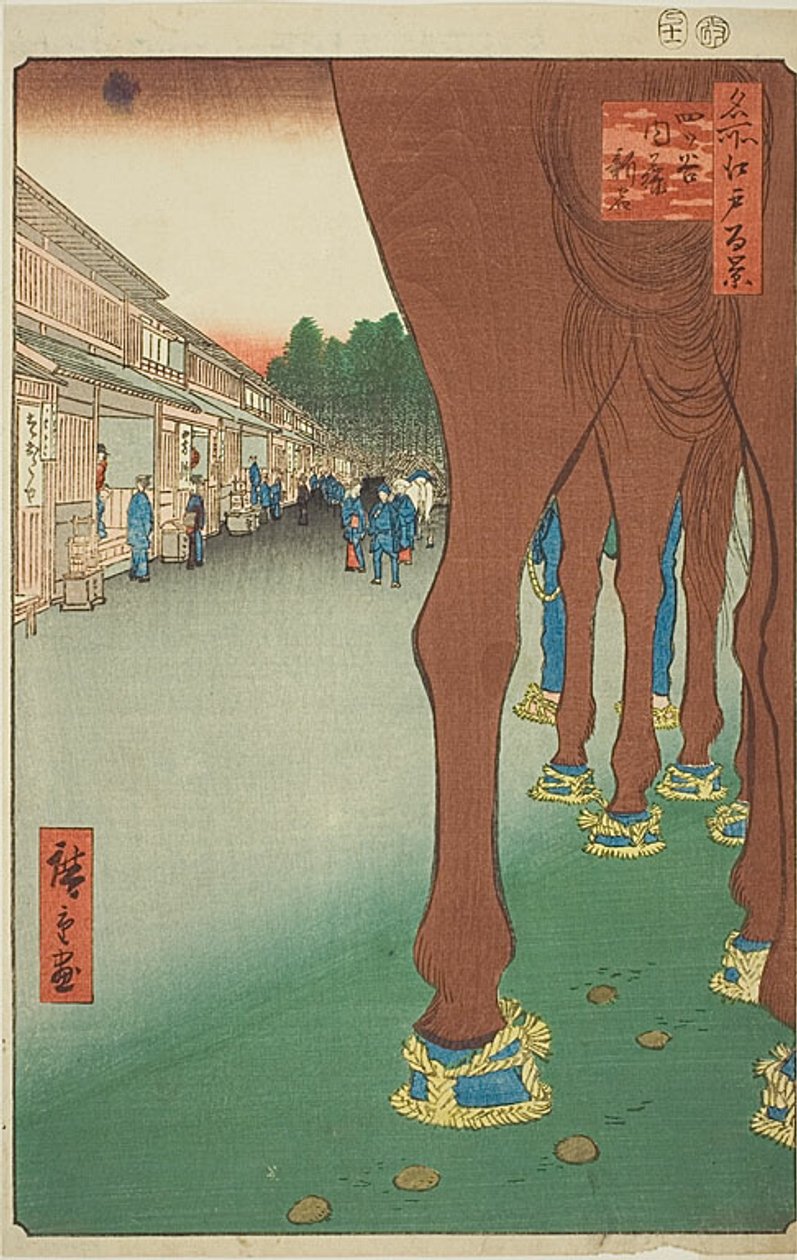 Naito Shinjuku at Yotsuya (Yotsuya Naito Shinjuku), nr 86 z serii "Sto słynnych widoków Edo (Meisho Edo hyakkei)". autorstwa Utagawa Hiroshige