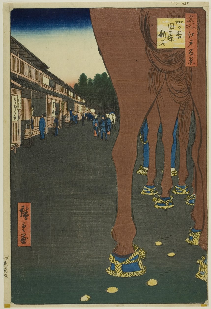 Naito Shinjuku at Yotsuya (Yotsuya Naito Shinjuku), z serii "Sto słynnych widoków Edo (Meisho Edo hyakkei)". autorstwa Utagawa Hiroshige