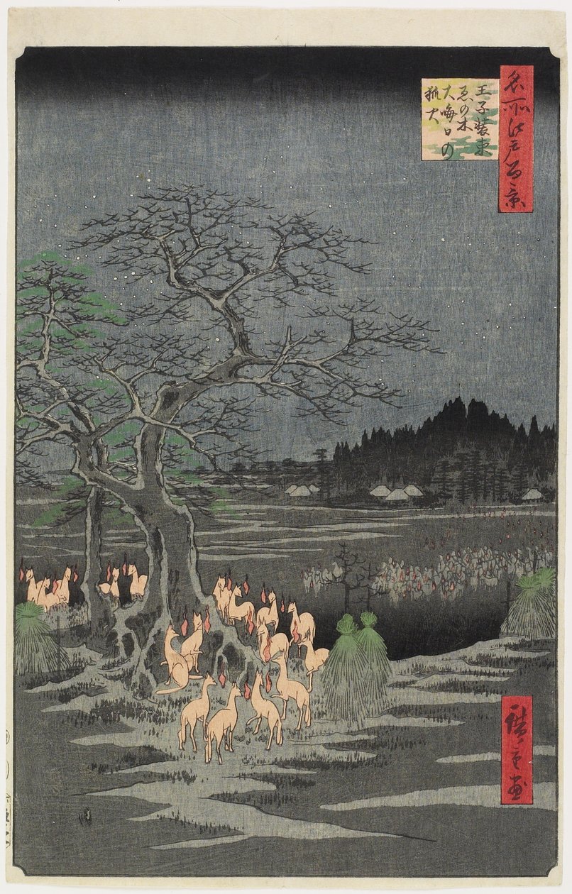 Sylwestrowe pożary lisów w Nettle Tree, O_ji, wrzesień 1857 r. autorstwa Utagawa Hiroshige