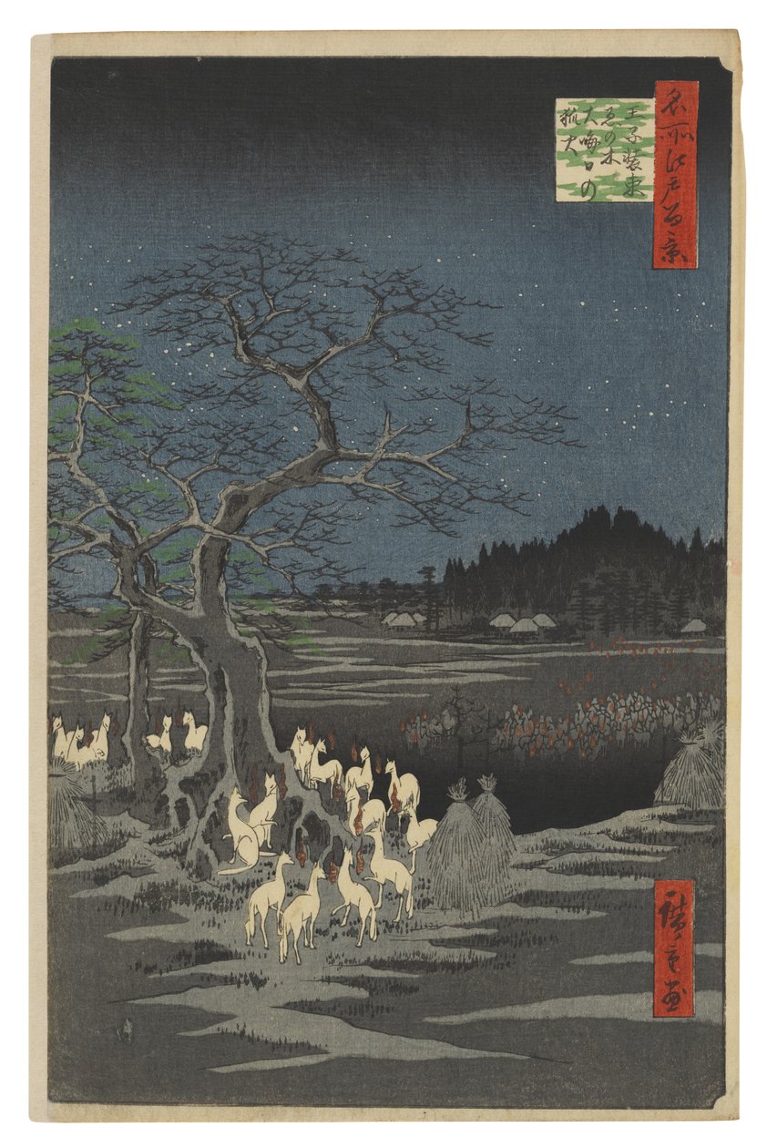 Lisie ognie w noc sylwestrową przy Drzewie Przemiany, Ōji autorstwa Utagawa Hiroshige