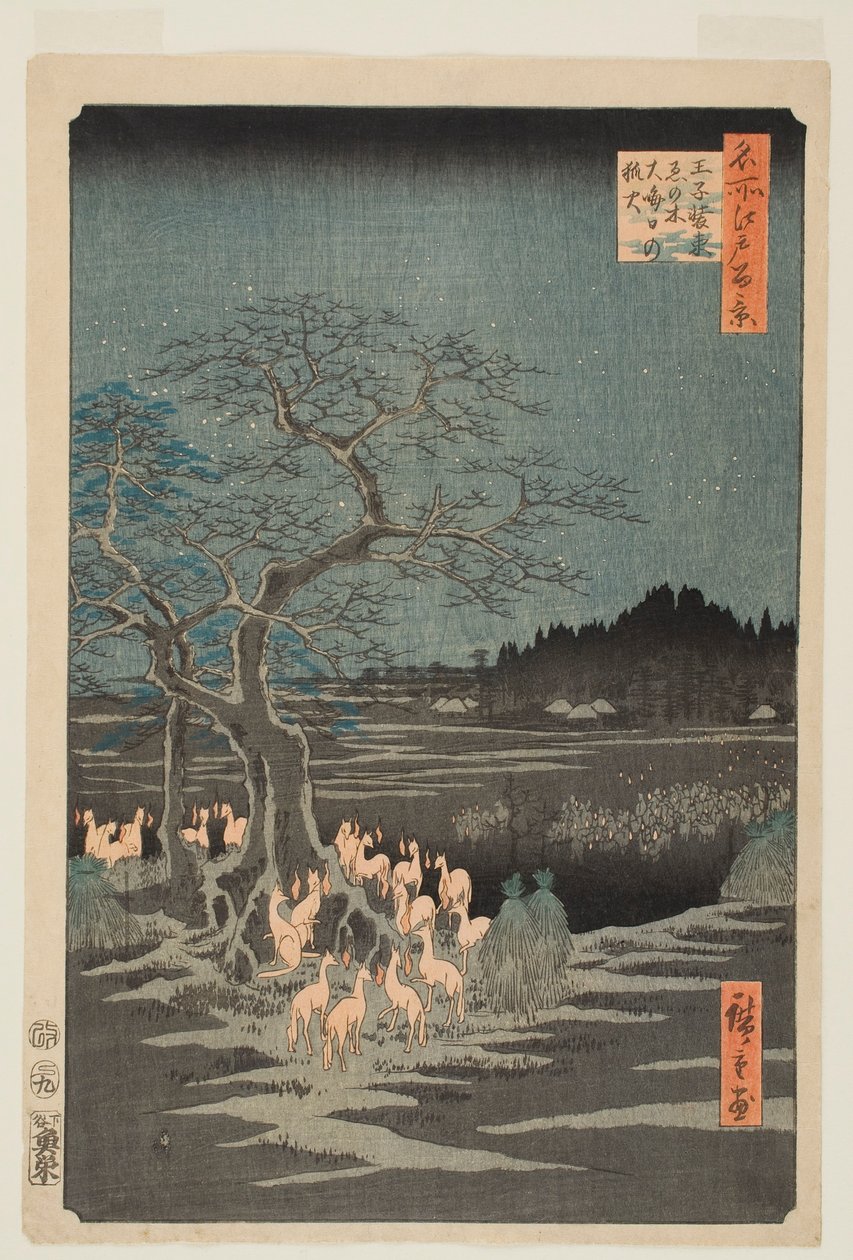 Sylwestrowe ogniska przy Drzewie Zmian w Ōji, z cyklu „Sto słynnych widoków Edo” autorstwa Utagawa Hiroshige