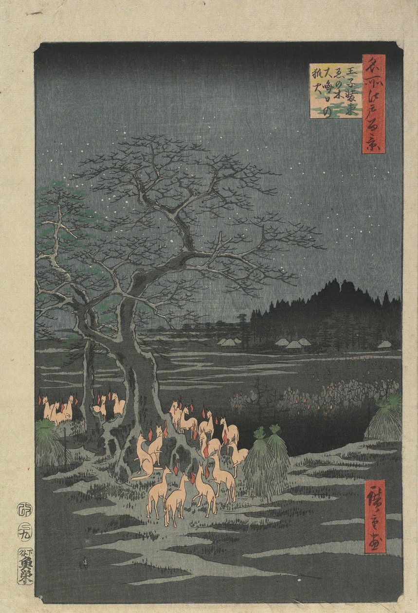 Sylwester Foxfires w Hackberry Tree w O_ji, 1857 autorstwa Utagawa Hiroshige