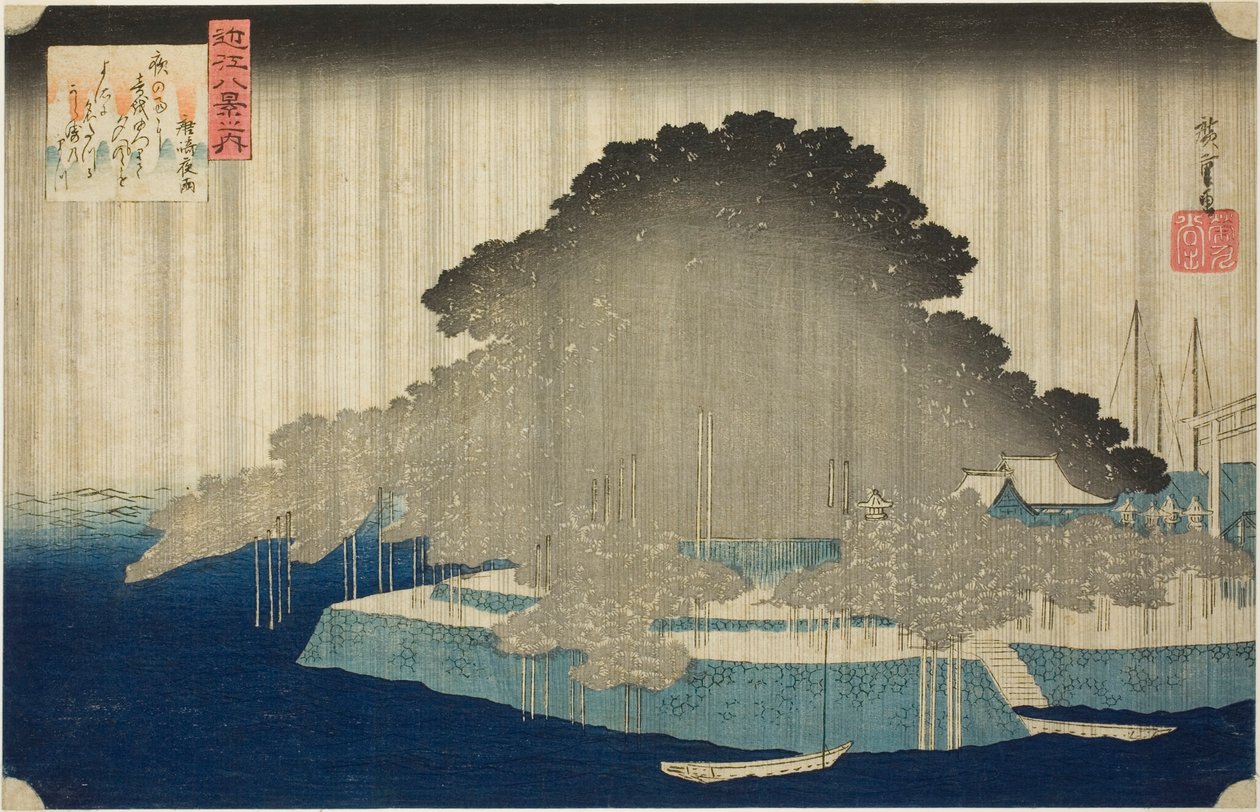 Night Line At Karasaki no Yō (Karasaki no Yō), z serii „Osiem widoków Omi (Omi Hakkei no Uchi)” autorstwa Utagawa Hiroshige