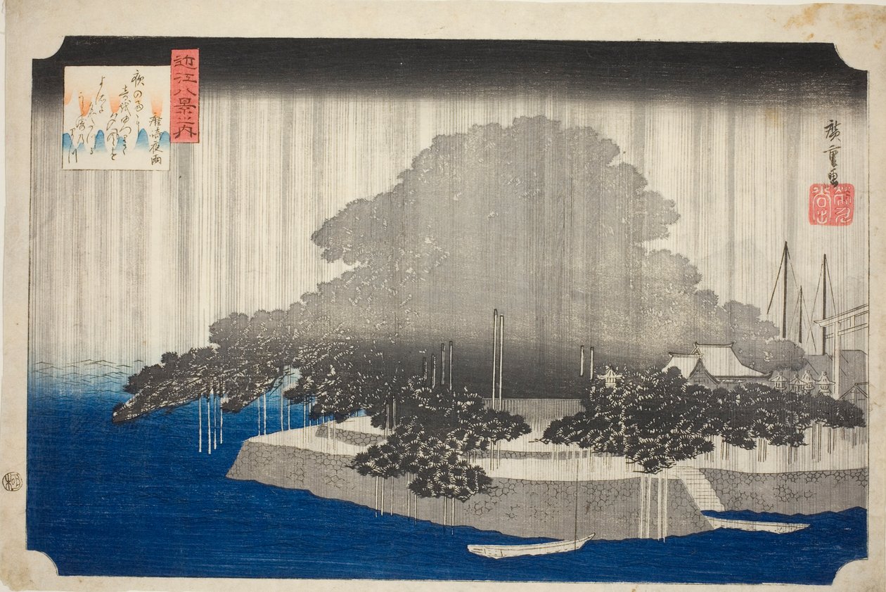 Night Line At Karasaki no Yō (Karasaki no Yō), z serii „Osiem widoków Omi (Omi Hakkei no Uchi)” autorstwa Utagawa Hiroshige