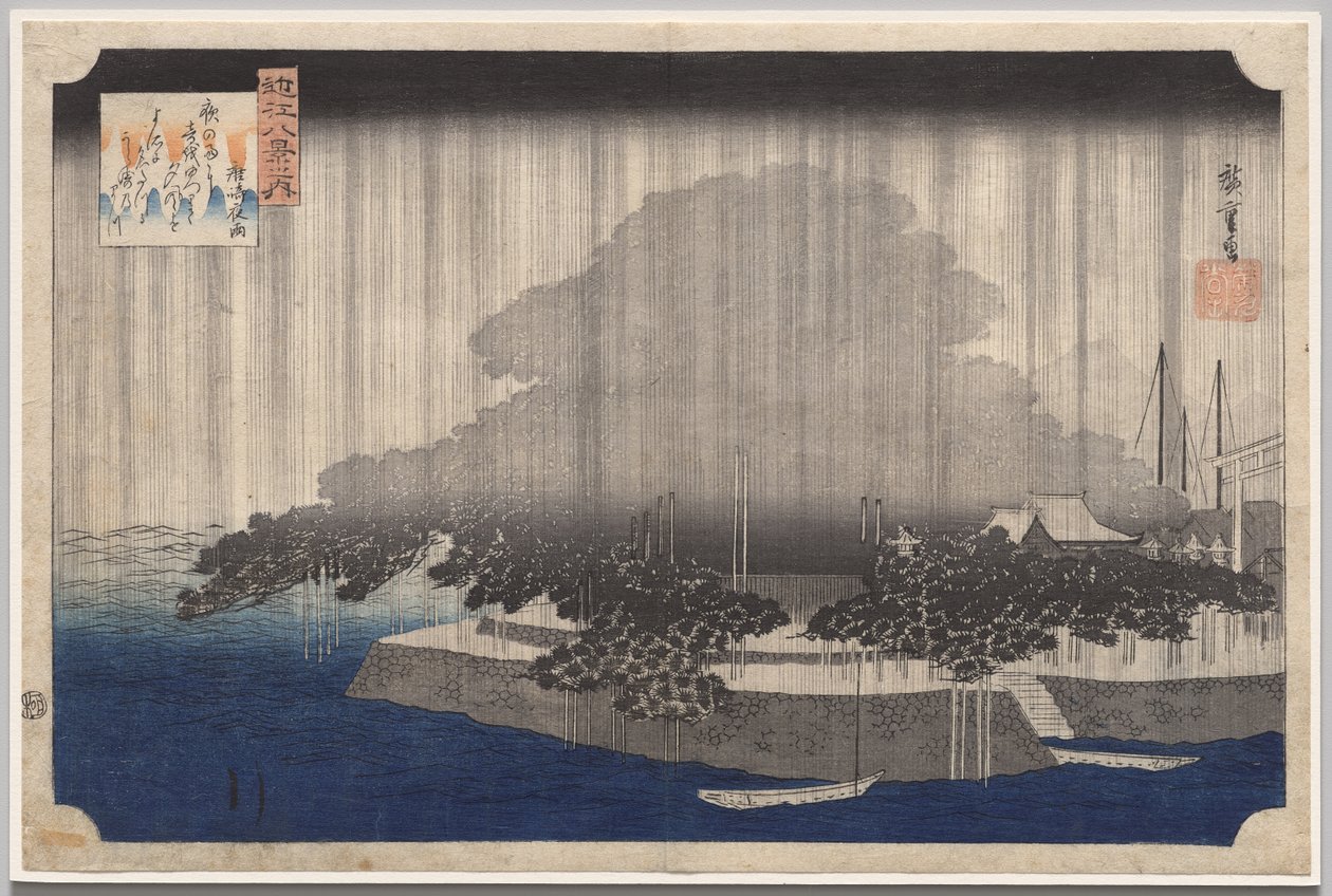 Nocny deszcz w Karasaki, z serii Osiem widoków Ōmi autorstwa Utagawa Hiroshige