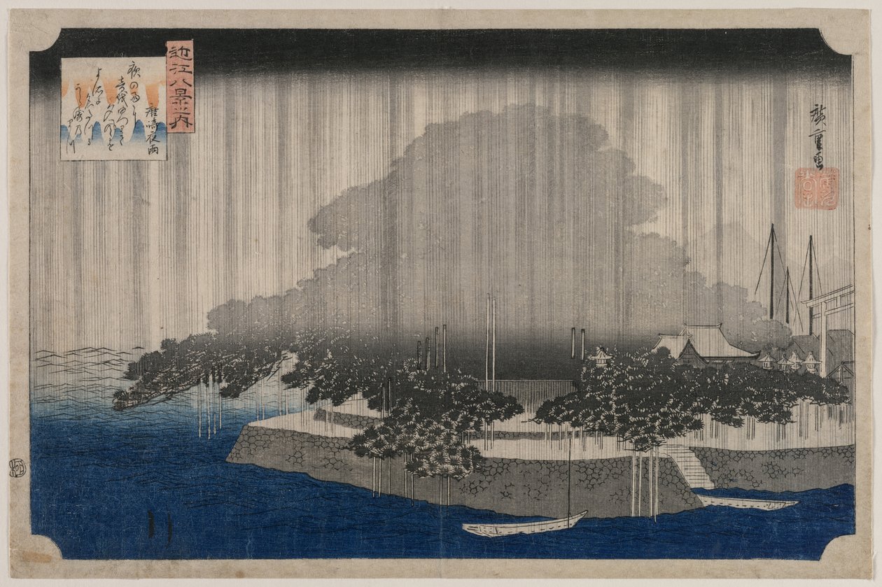 Nocny deszcz w Karasaki, z serii Osiem widoków Ōmi autorstwa Utagawa Hiroshige