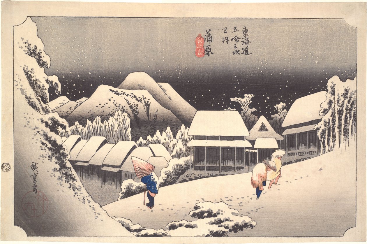 Nocny śnieg w Kanbarze, z serii Pięćdziesiąt trzy stacje Tōkaidō autorstwa Utagawa Hiroshige