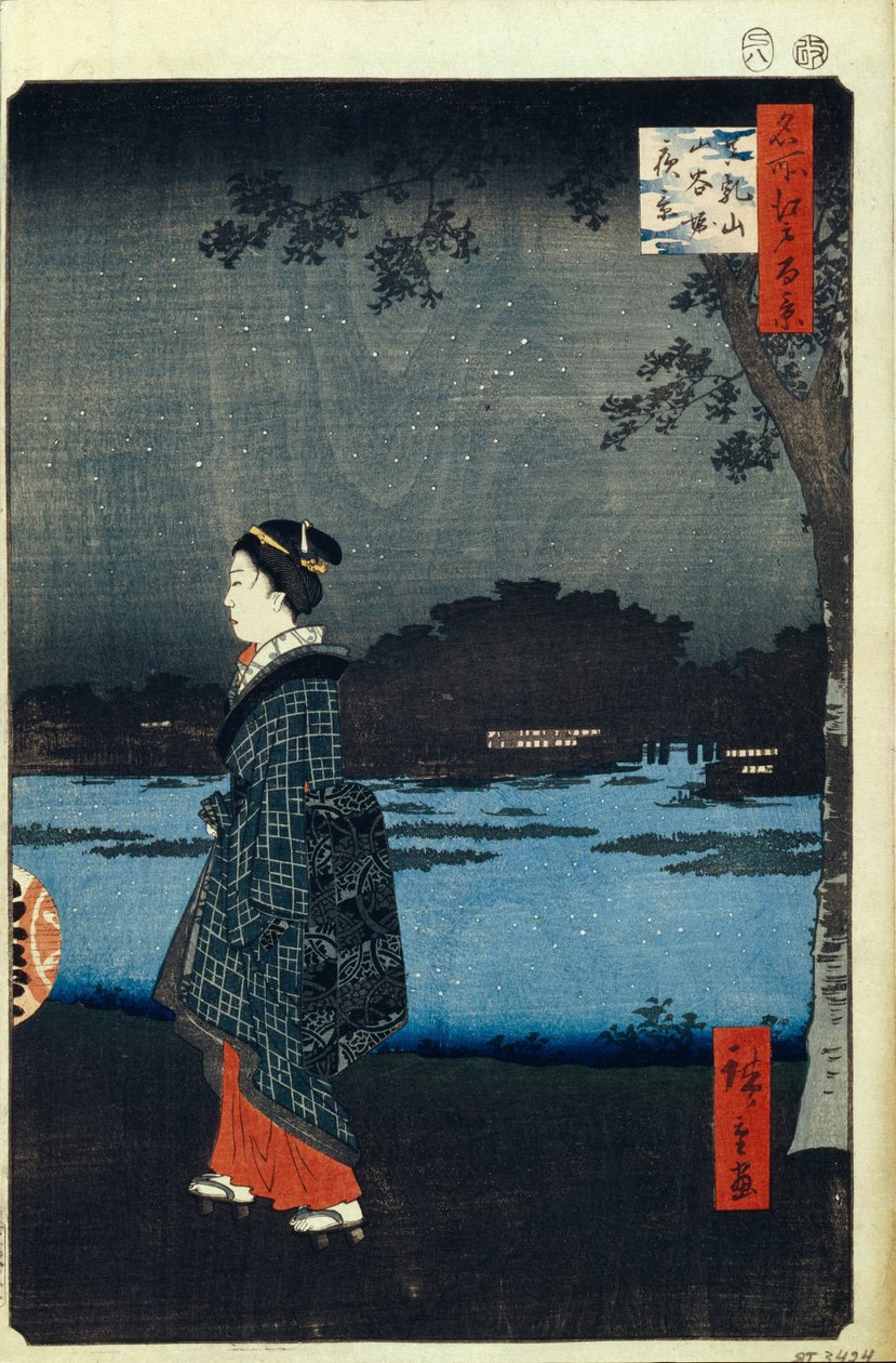 Nocny widok na Matsuchiyamę i kanał Sanya Sto słynnych widoków Edo, 1856-1858 autorstwa Utagawa Hiroshige