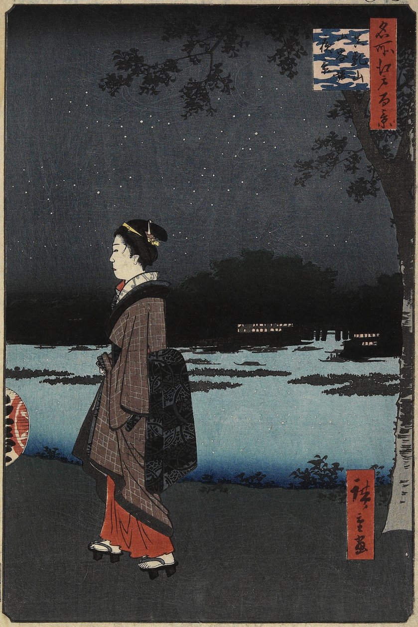 Nocny widok na kanał Sanya, wzgórze Matsuchi, sierpień 1857 autorstwa Utagawa Hiroshige