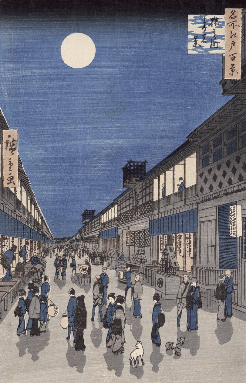 Nocny widok ulicy Saruwaka z „Meisho Edo Hyakkei” (Sto widoków Edo) (kolorowy drzeworyt) autorstwa Utagawa Hiroshige