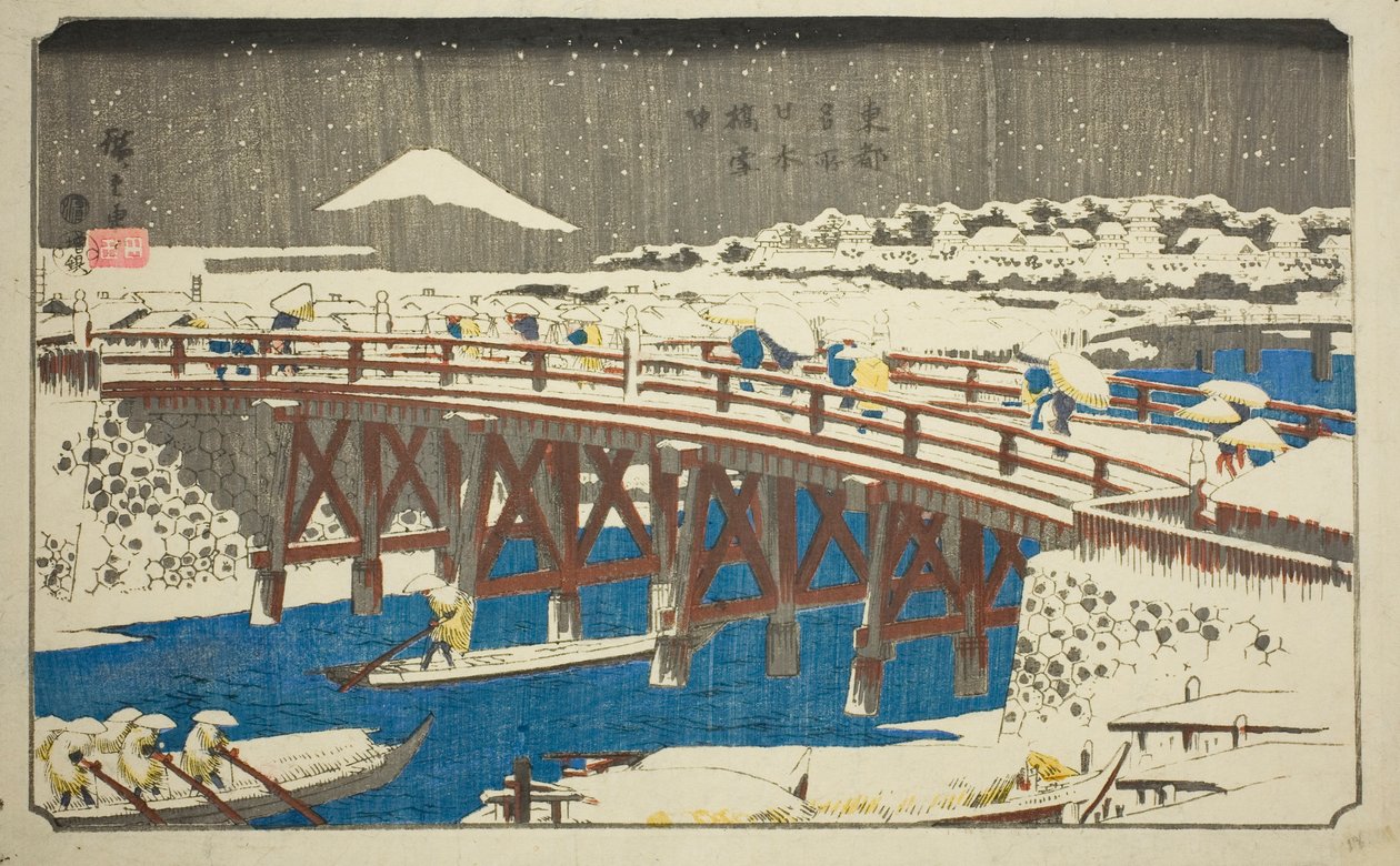 Nihon Bridge in Snow (Nihonbashi setchu), z cyklu „Słynne miejsca we wschodniej stolicy (Toto meisho)” autorstwa Utagawa Hiroshige