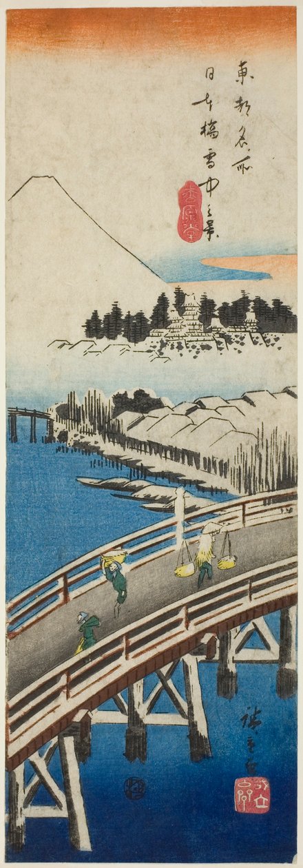 Most Nihon widziany w śniegu (Nihonbashi setchu no kei), z serialu „Słynne widoki we wschodniej stolicy (Toto meisho)” autorstwa Utagawa Hiroshige