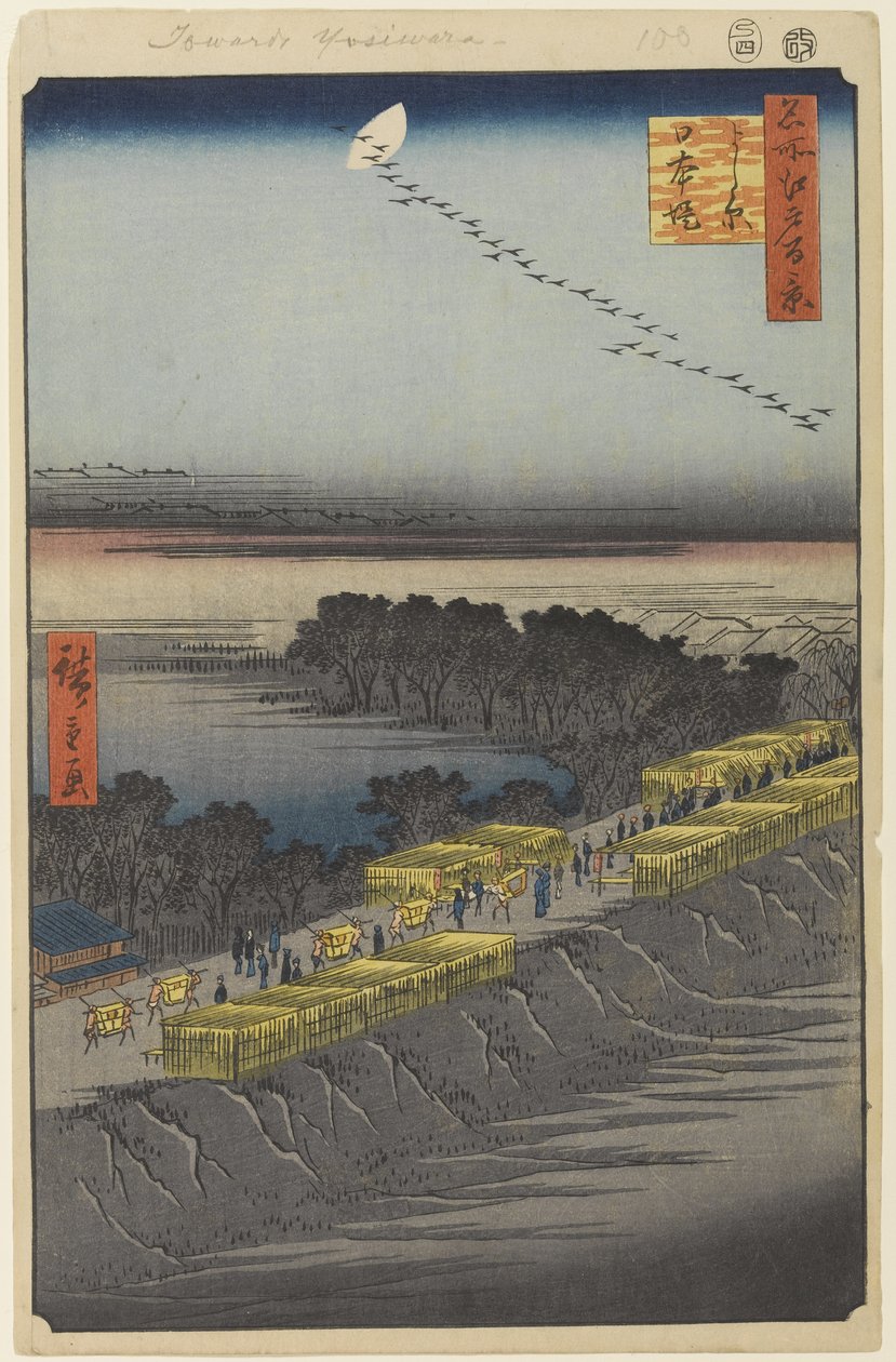 Nihon Embankment, Yoshiwara, nr 100 ze stu słynnych widoków Edo, 1857 (drzewnictwo) autorstwa Utagawa Hiroshige
