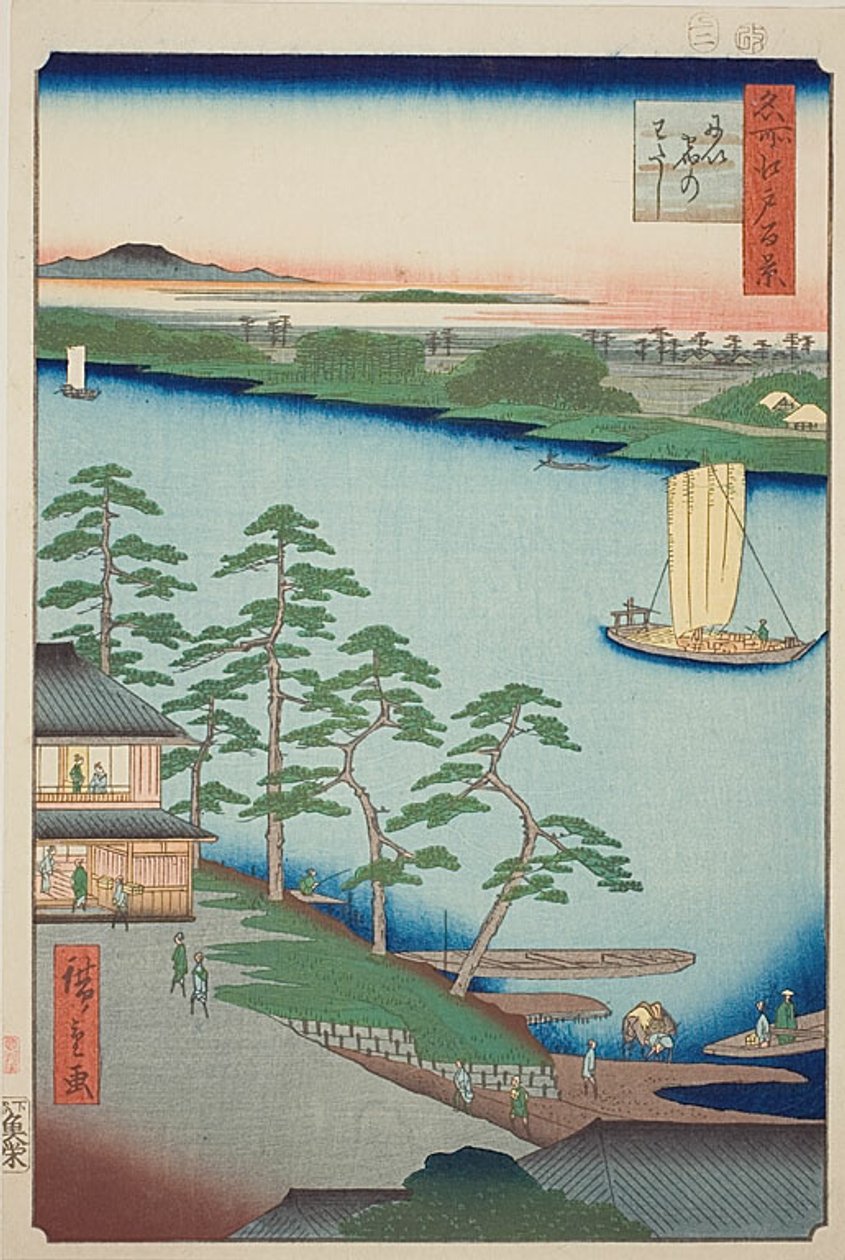Prom Niijuku (Niijuku no watashi), nr 93 z serii "Sto słynnych widoków Edo (Meisho Edo hyakkei)". autorstwa Utagawa Hiroshige