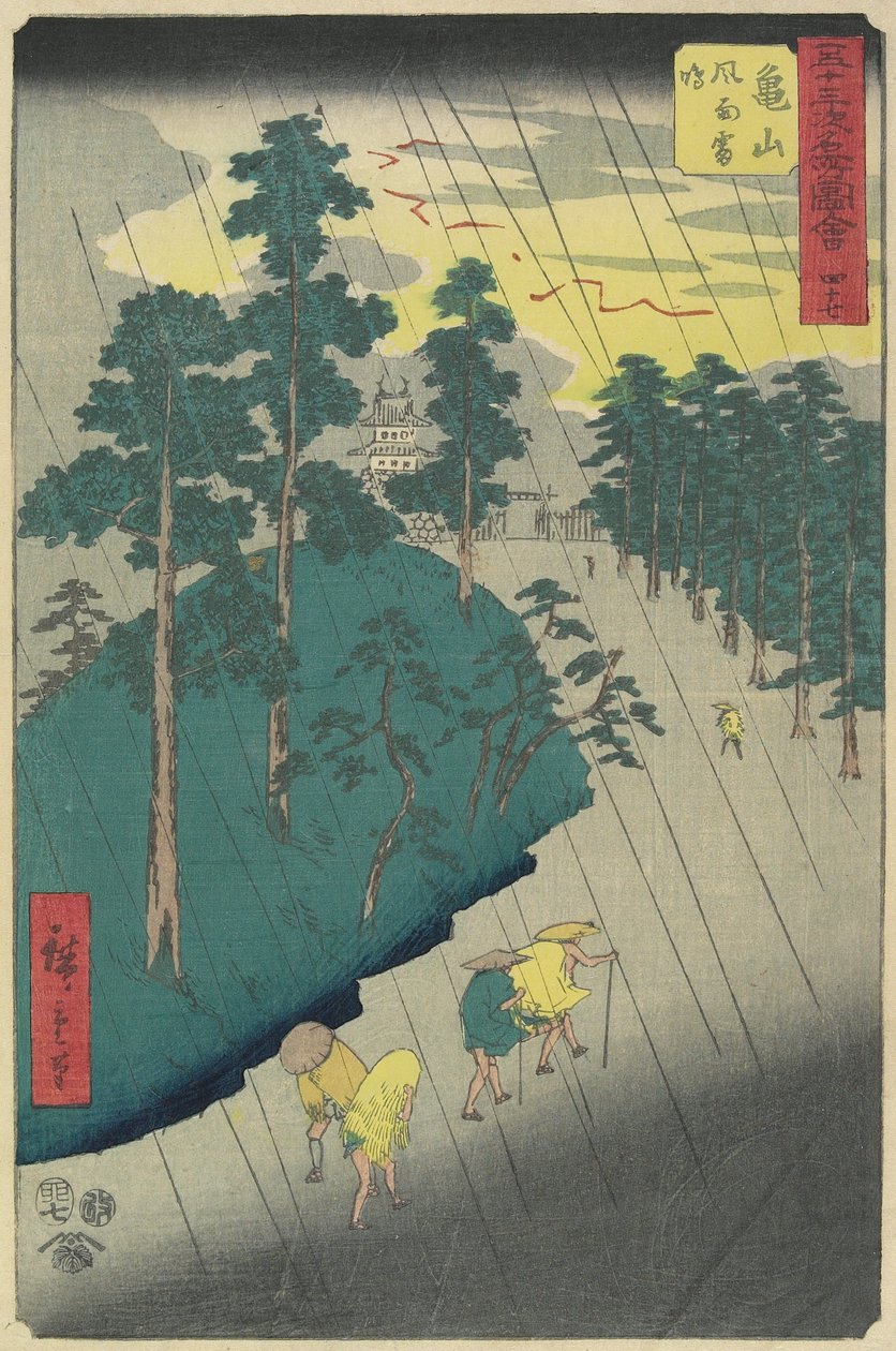 Nr 47: Burza z piorunami w Kameyama, lipiec 1855 autorstwa Utagawa Hiroshige