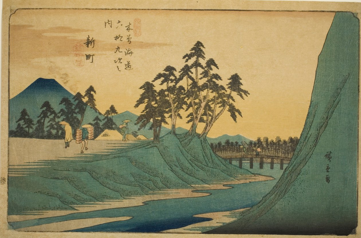 z. 12: Shinmachi, z serii „Shi x ty-nene Sta on s kisokaido” autorstwa Utagawa Hiroshige