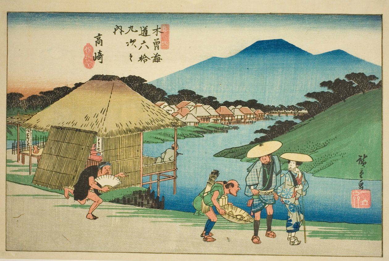 z. 14: Takasaki, z serii „Shi x t y ne sta on s te kisokaid (kisokaido rokujukyu tsugi no uchi)” autorstwa Utagawa Hiroshige