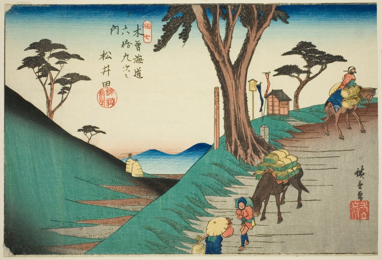 z. 17: Matsuda, z serii „Shi x ty-nine Sta ons of the kisokaid (kisokaido rokujukyutsugi no uchi)” autorstwa Utagawa Hiroshige