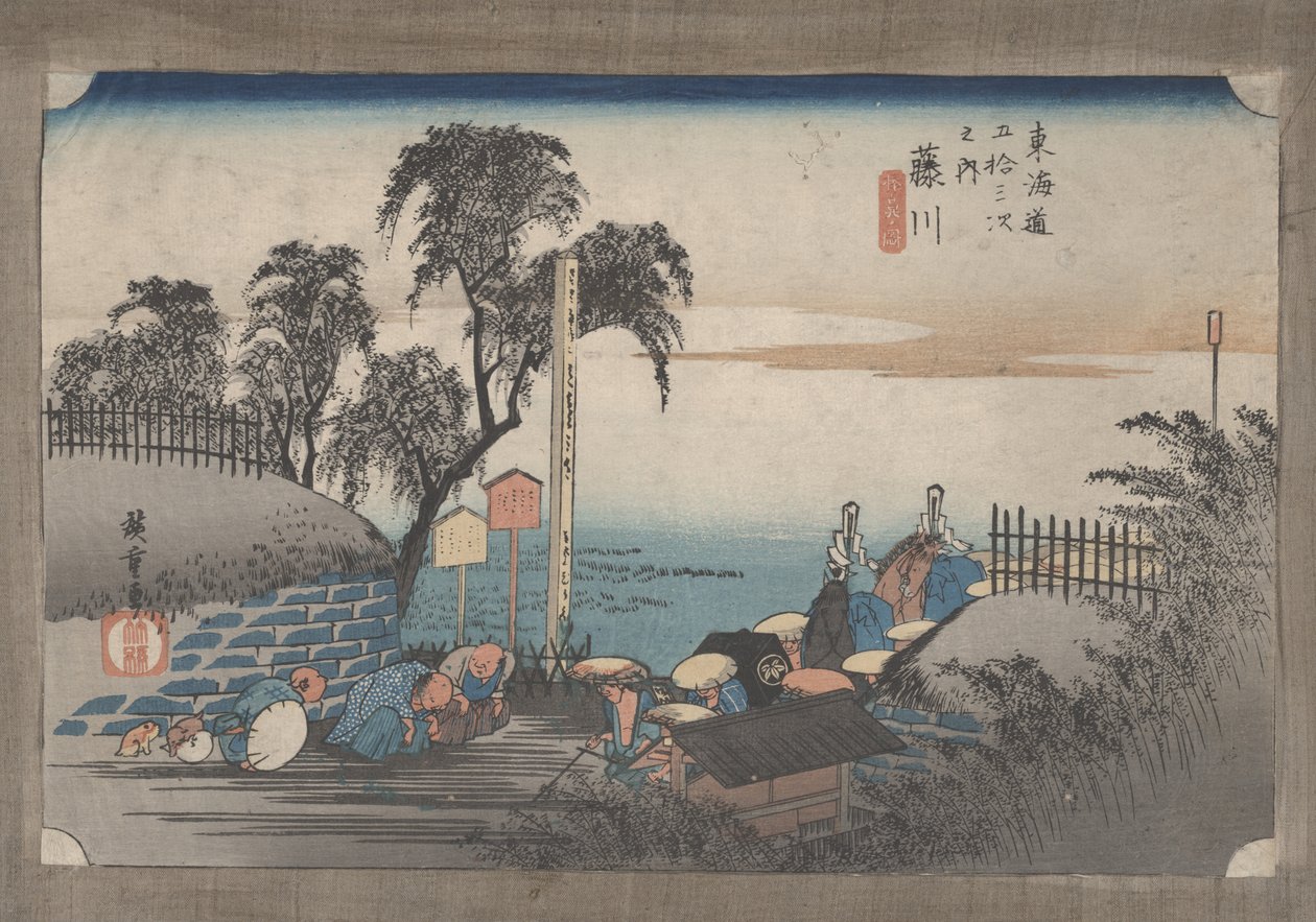 Nr 38 "Fujikawa: Scena na obrzeżach Posterunku" z 53 stacji Tokaido autorstwa Utagawa Hiroshige