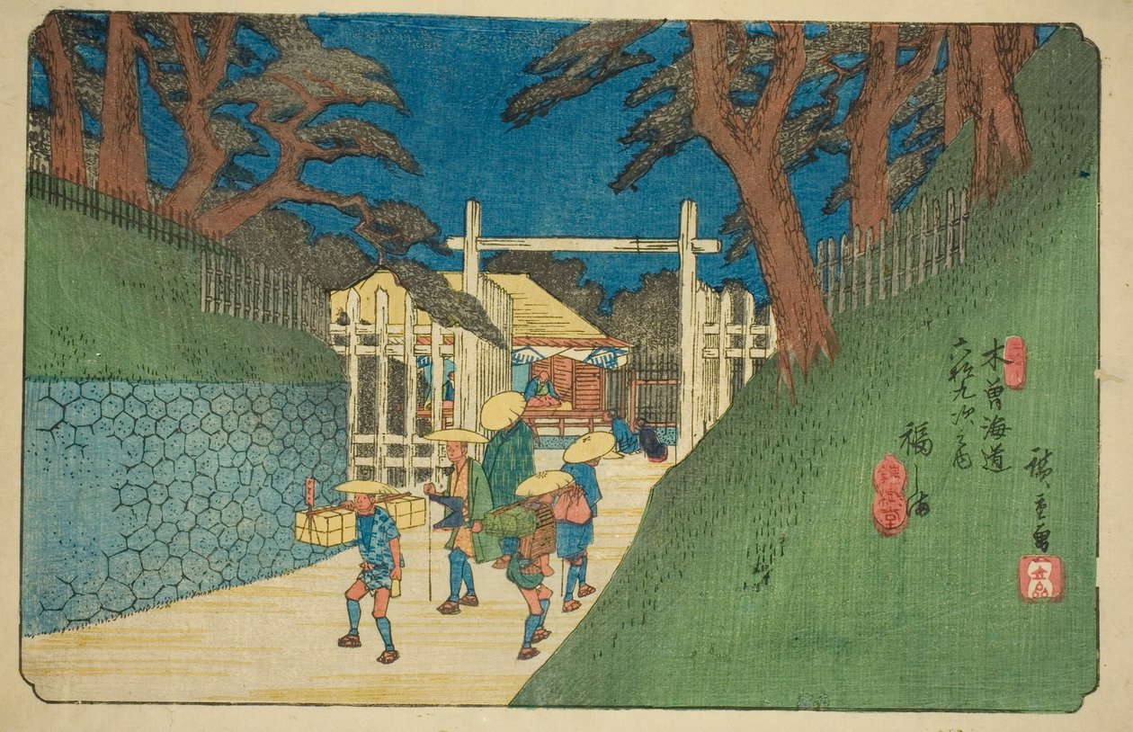 z. 38: Fukushima, z serii „Sixty-six of Tekisokaido” autorstwa Utagawa Hiroshige