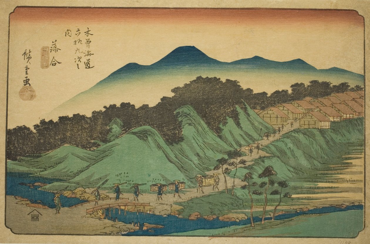 z. 45: Ochiai, z Te serie s "Shi x t y ne sta on s te kisokaid (kisokaido rokujukyu tsugi no uchi)" autorstwa Utagawa Hiroshige