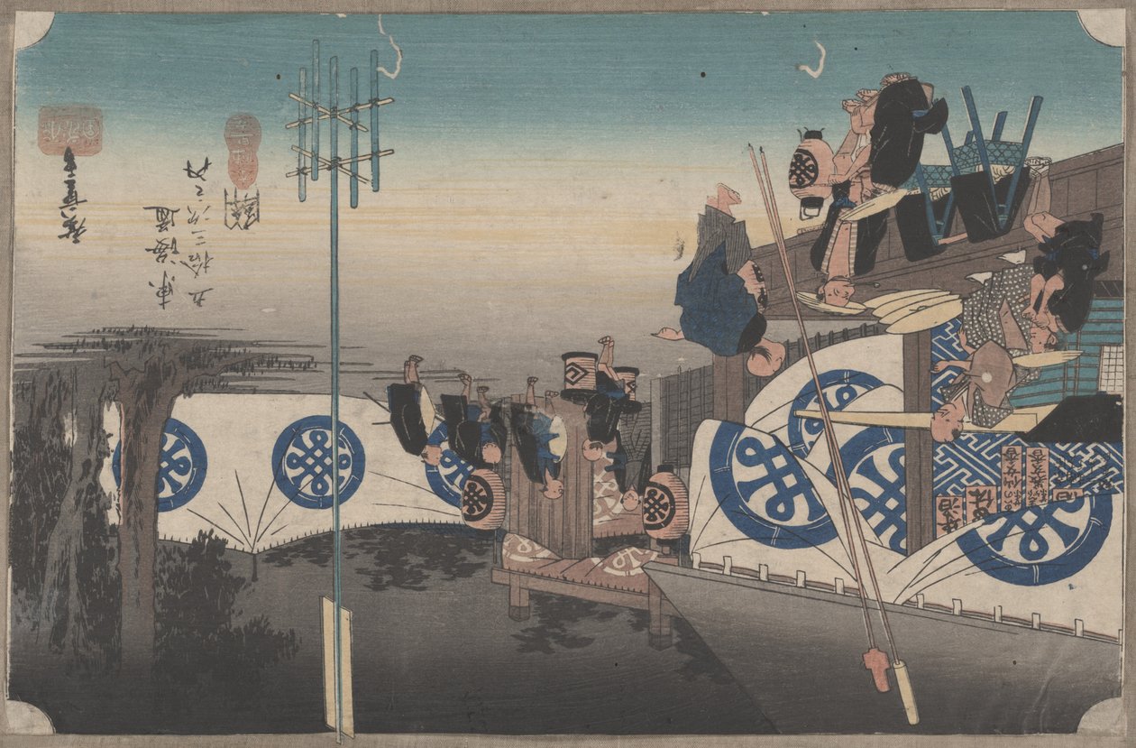 Nr 48 „Seki: Wczesny wyjazd z Honjin” z 53 stacji Tokaido, ok. 1834 autorstwa Utagawa Hiroshige