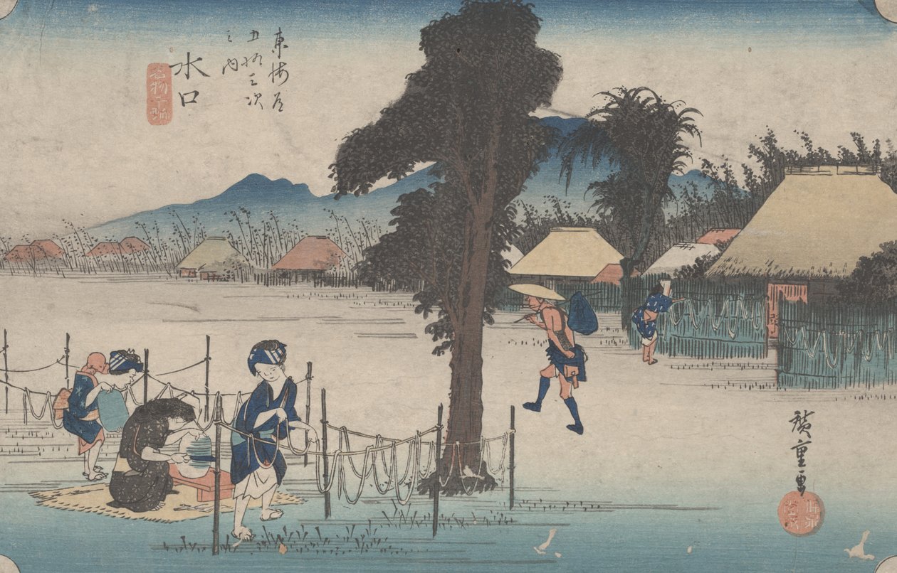 Nr 51 „Minakuchi: Słynne suszone wióry z tykwy” z 53 stacji Tokaido, ok. 1833 autorstwa Utagawa Hiroshige