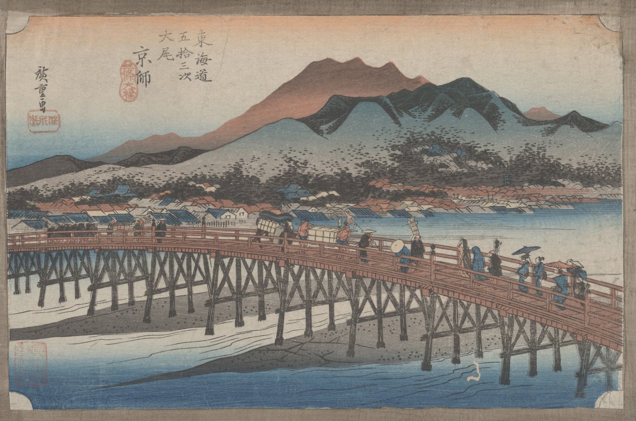 Nr 55 „Kioto: Wielki most Sanjo” Z 53 stacji Tokaido, ok. 1833 autorstwa Utagawa Hiroshige