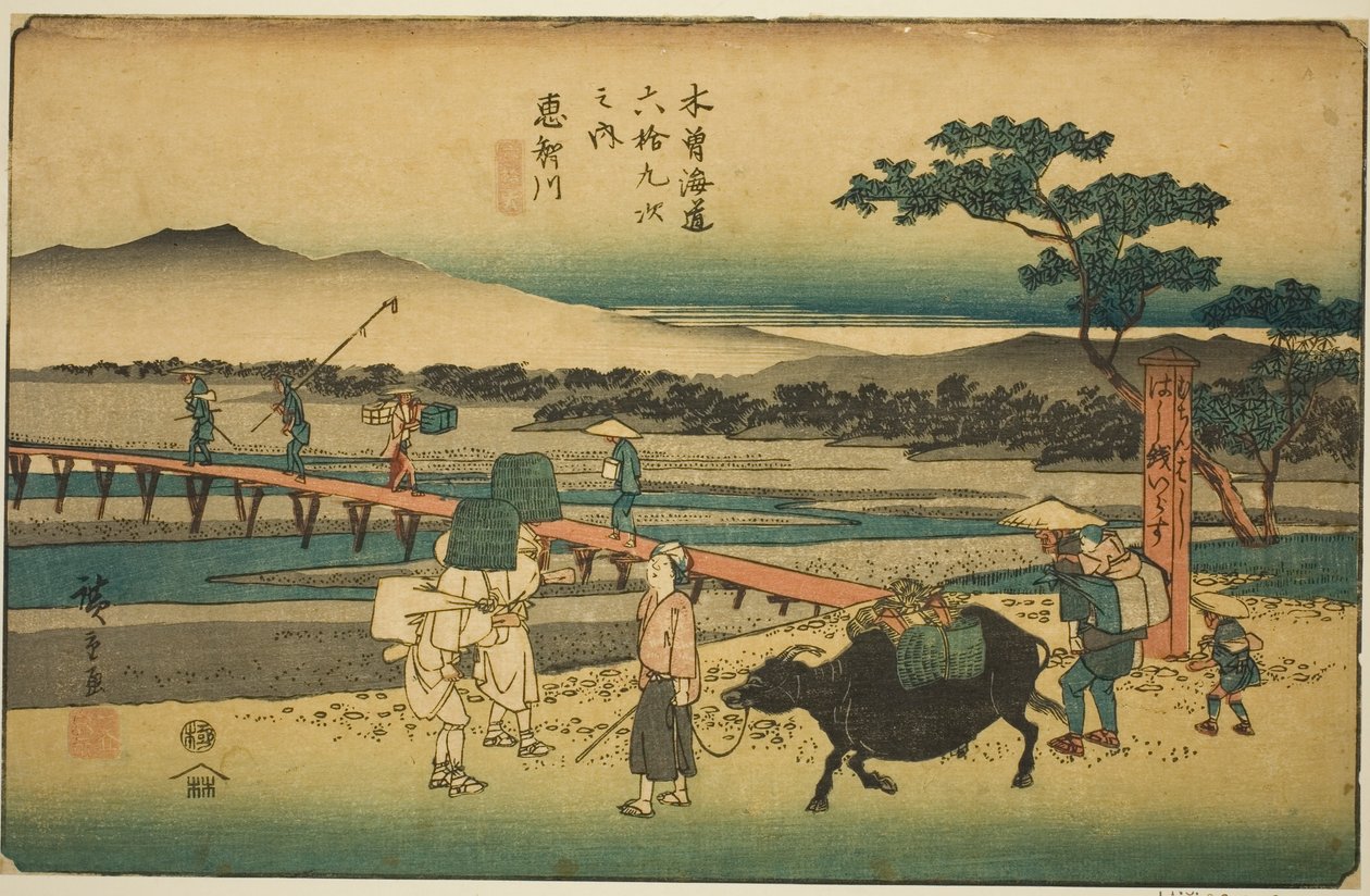 z. 66: Echikawa, z serii „Shi xty-nine S ta on the kisokaid (kisokaido rokujukyutsugi no uchi)” autorstwa Utagawa Hiroshige