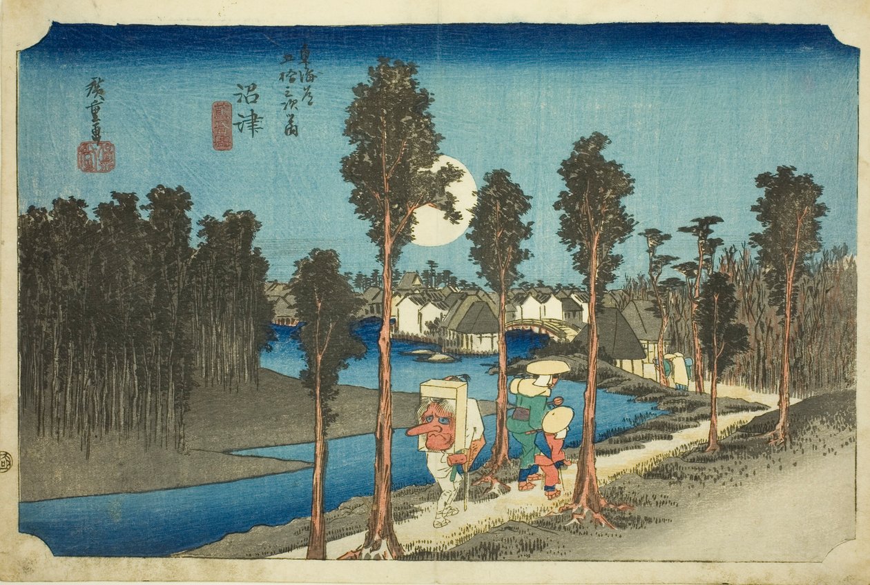 Numazu — Zmierzch (Numazu — tasogare zu), z serii Pięćdziesiąt trzy stacje na drodze Tōkaidō (Tōkaidō gojūsan tsugi no uchi) autorstwa Utagawa Hiroshige