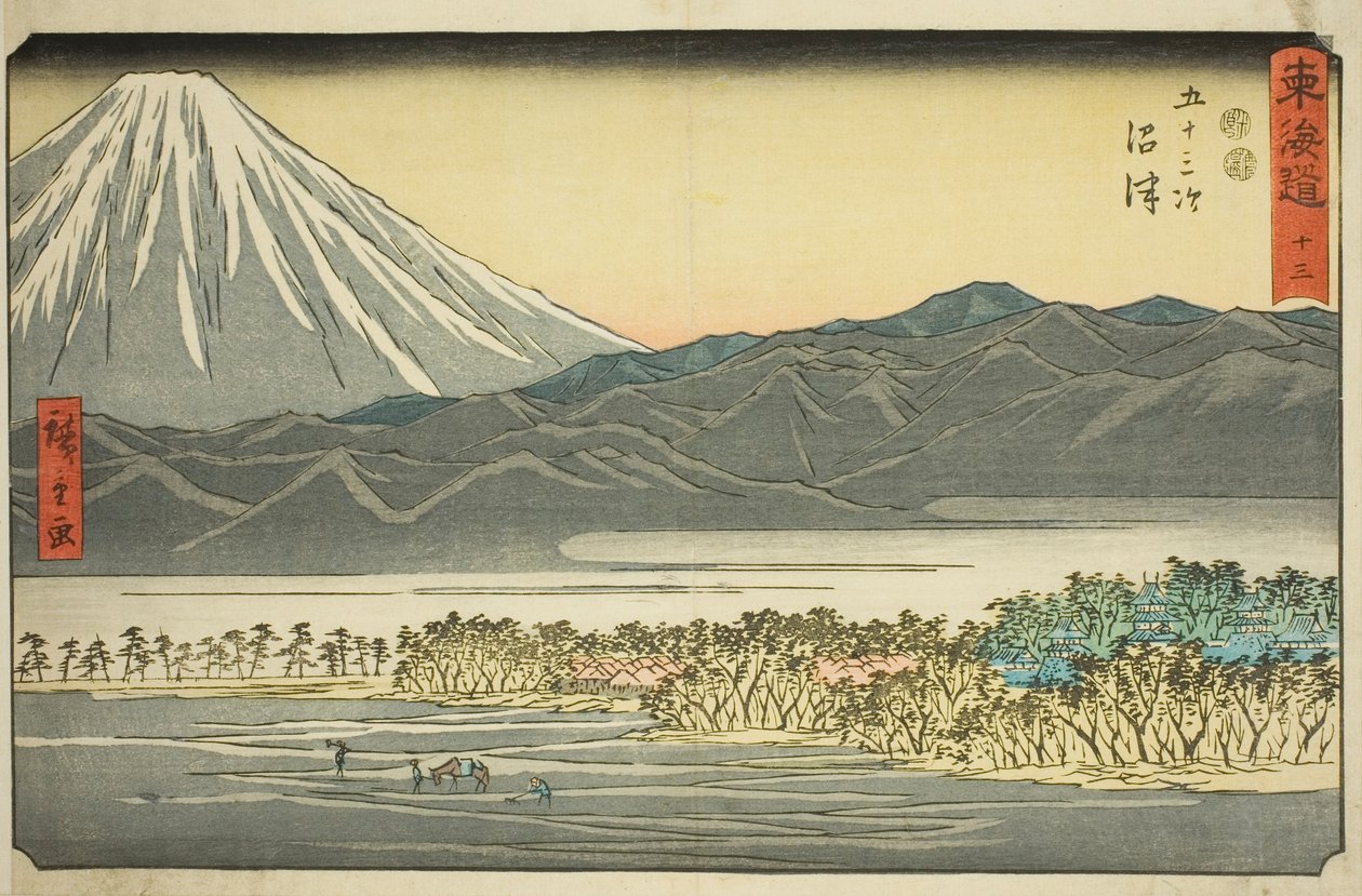 Numazu — nie. 13, z serii „Pięćdziesiąt trzy stacje Tokaido (Tokaido gojusan tsugi),” znanego również jako Reisho Tokaido autorstwa Utagawa Hiroshige