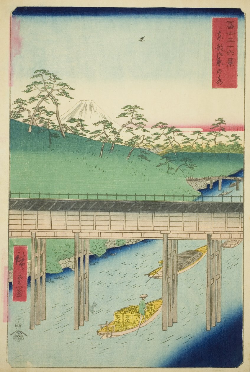 Ochanomizu we wschodniej stolicy (Toto Ochanomizu), z cyklu „Trzydzieści sześć widoków na górę Fuji (Fuji sanjurokkei)” autorstwa Utagawa Hiroshige
