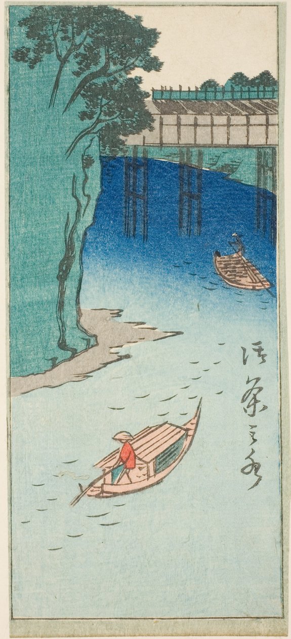 Ochanomizu, fragment arkusza z serii "Wycinane obrazy znanych miejsc w Edo (Edo meisho harimaze zue)" autorstwa Utagawa Hiroshige