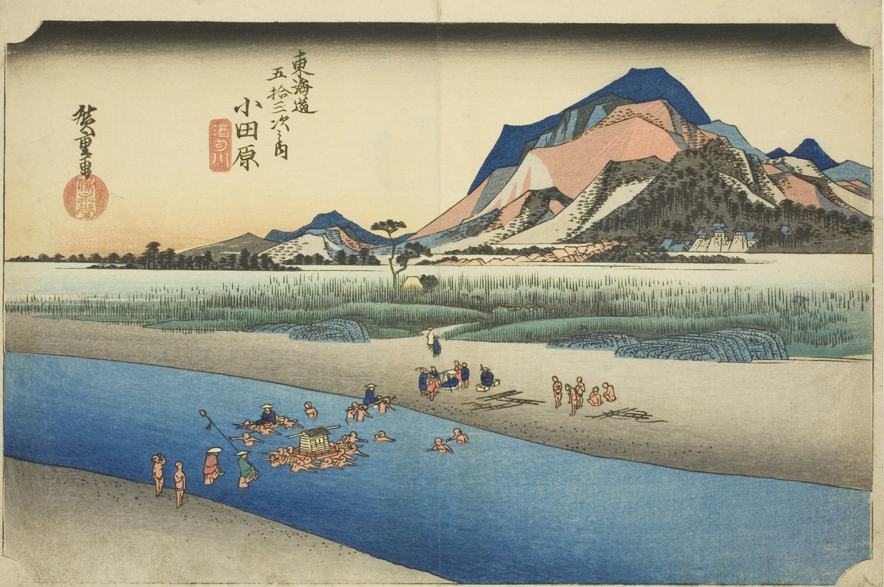 Odawara: Rzeka Sakawa (Odawara, Sakawagawa), z serii „Pięćdziesiąt trzy stacje drogi Tokaido (Tokaido gojusan tsugi no uchi),” znana również jako Hoeido Tokaido autorstwa Utagawa Hiroshige