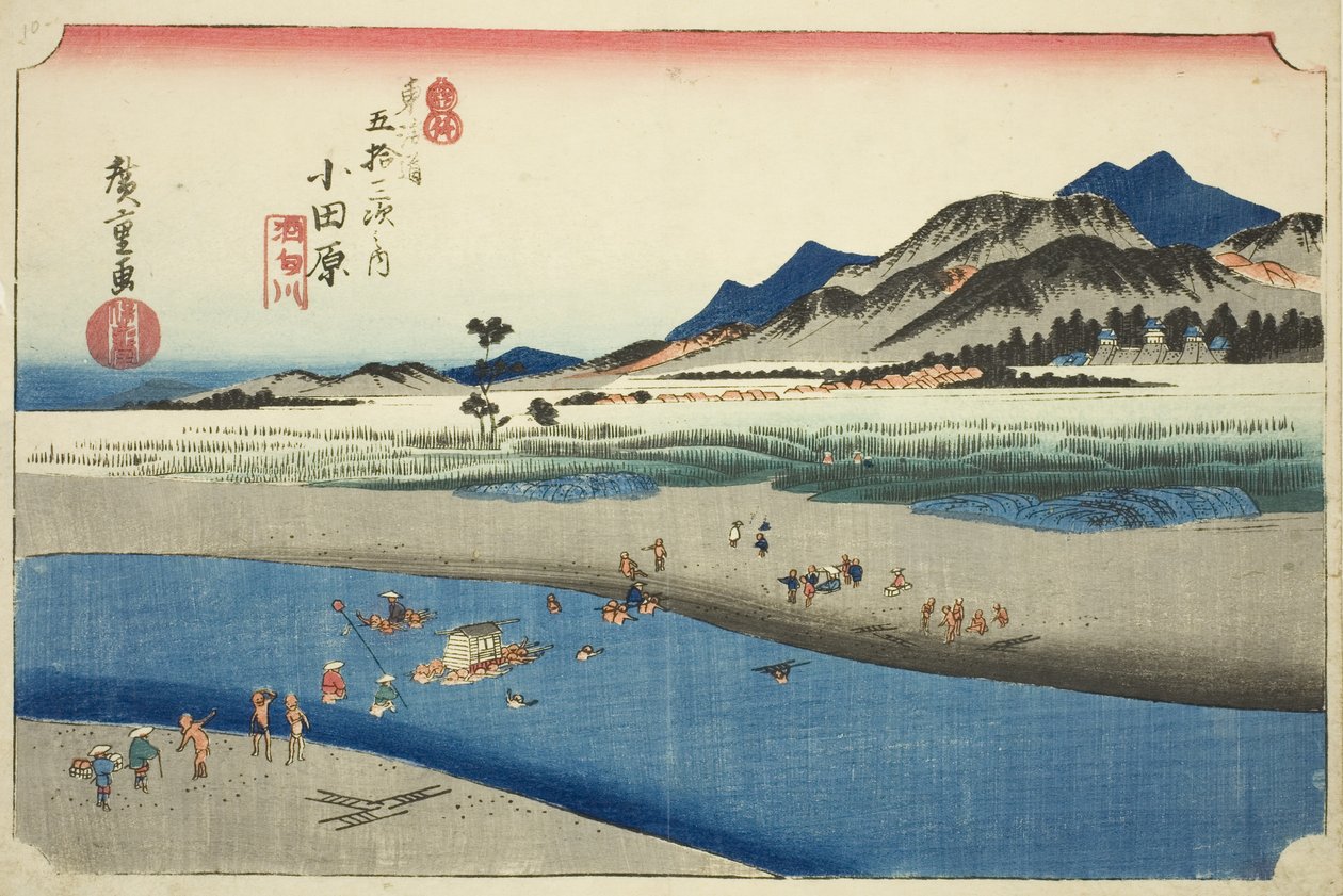 Odawara: Rzeka Sakawa (Odawara, Sakawagawa), z serii „Pięćdziesiąt trzy stacje drogi Tokaido (Tokaido gojusan tsugi no uchi),” znana również jako Hoeido Tokaido autorstwa Utagawa Hiroshige
