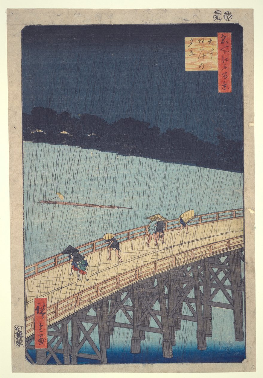 Most Ohashi, Nagły prysznic w Atake, z serii Sto słynnych widoków Edo autorstwa Utagawa Hiroshige