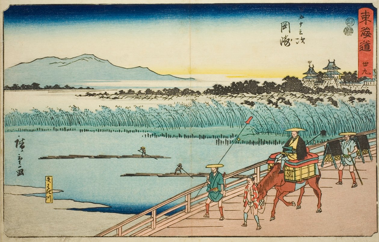 Okazaki: rzeka Yahagi (Okazaki, Yahagigawa) — nr 39 z serii „Pięćdziesiąt trzy stacje Tokaido (Tokaido gojusan tsugi),” znana również jako Reisho Tokaido autorstwa Utagawa Hiroshige