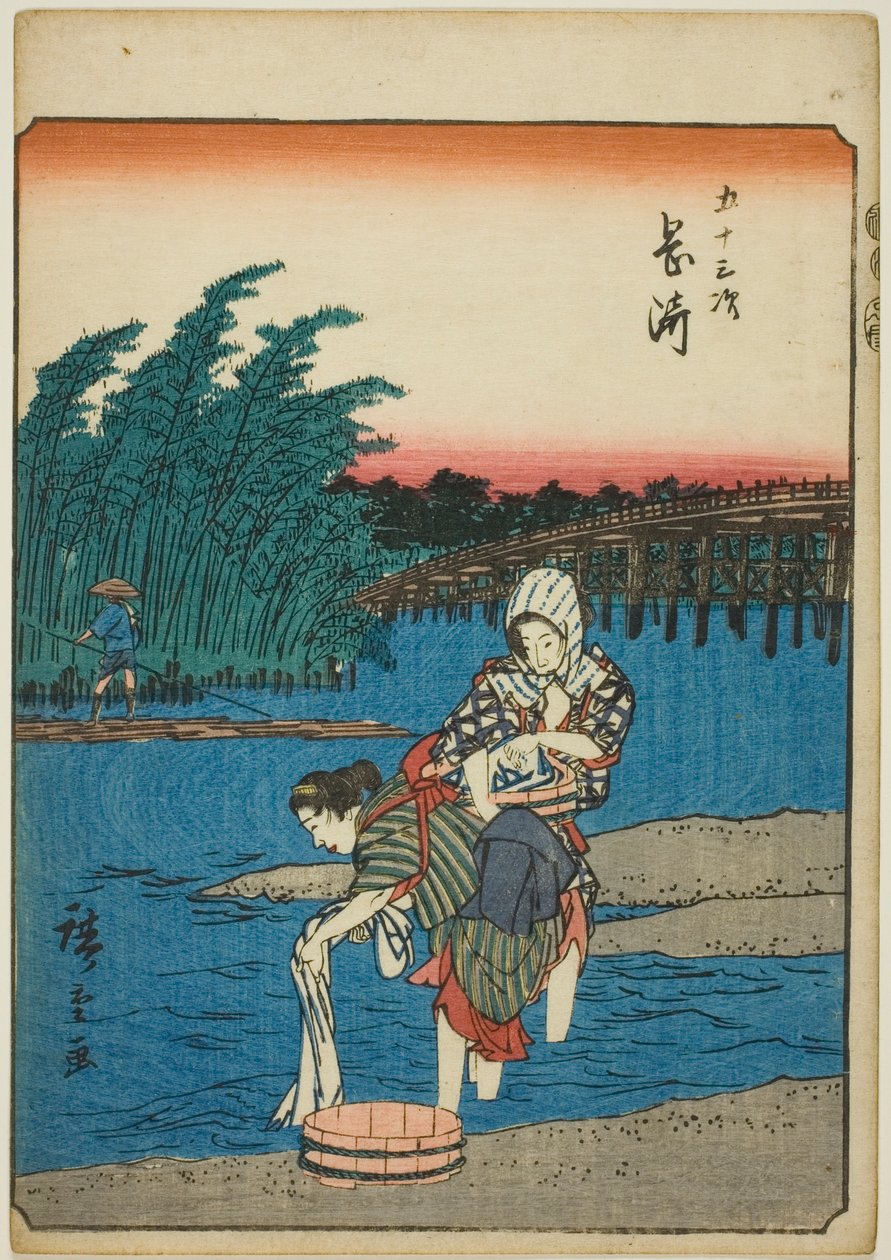 Okazaki, z serii „pięćdziesiąt trzy brzmienia Stachi” „miejskości” (następna Goshuyama) ) autorstwa Utagawa Hiroshige