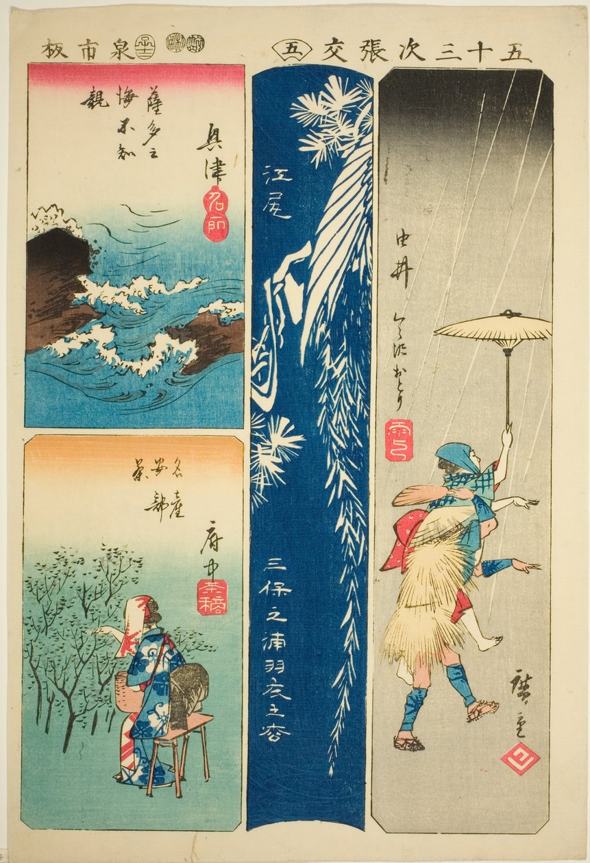 Okitsu, Ejiri, Yui i Fuchu, nie. 5 z serii „Wycinanki z pięćdziesięciu trzech stacji (Gojusan tsugi harimaze)” autorstwa Utagawa Hiroshige