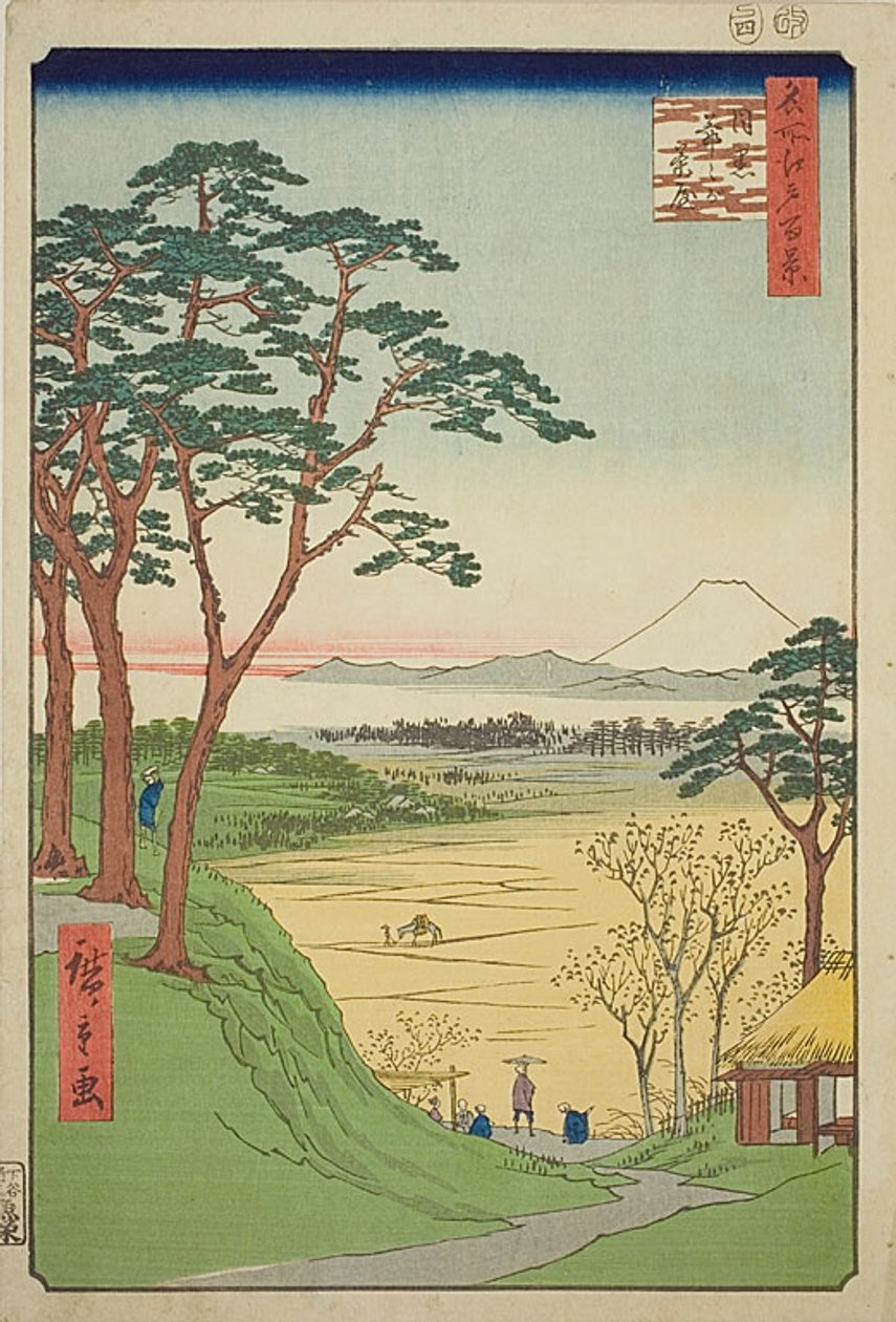 Herbaciarnia starego człowieka, Meguro (Meguro Jijigachaya), nr 84 z serii "Sto słynnych widoków Edo (Meisho Edo hyakkei)". autorstwa Utagawa Hiroshige