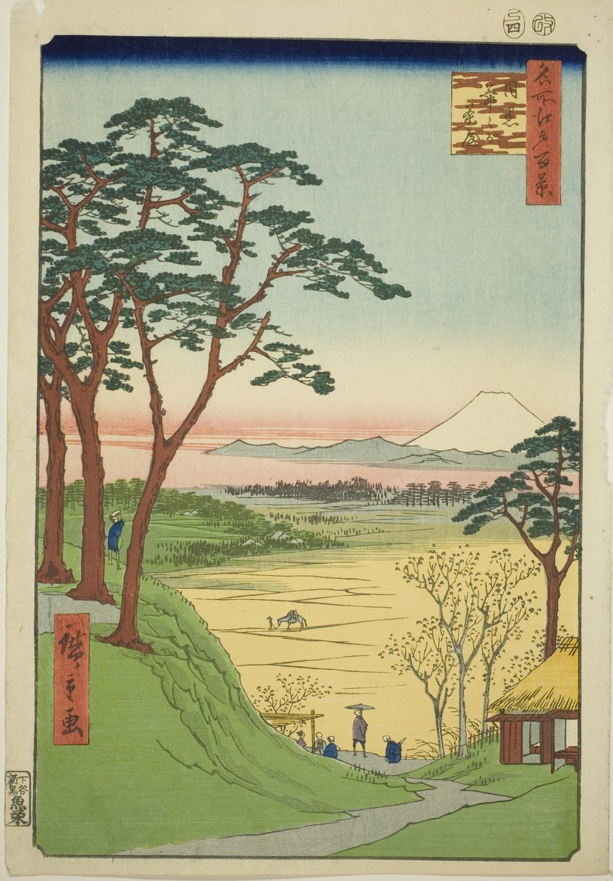 Herbaciarnia starego człowieka, Meguro (Meguro Jijigachaya), z serii "Sto słynnych widoków Edo (Meisho Edo hyakkei)". autorstwa Utagawa Hiroshige