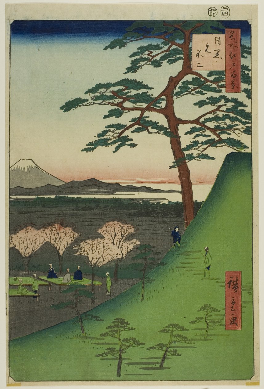 Oryginalne zdjęcie Fuji, Meguro (Meguro Moto-Fuji), z serii "Sto słynnych widoków Edo (Meisho Edo hyakkei)". autorstwa Utagawa Hiroshige