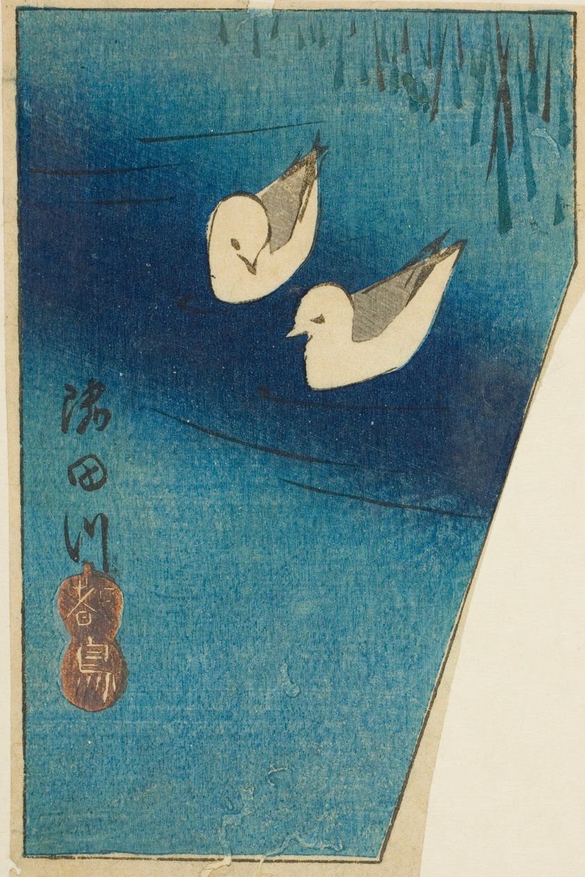 Ostrygojady na rzece Sumida (Sumidagawa, miyakodori), fragment arkusza z serii „Wycinanki znanych miejsc w Edo (Harimaze Koto meisho)” autorstwa Utagawa Hiroshige
