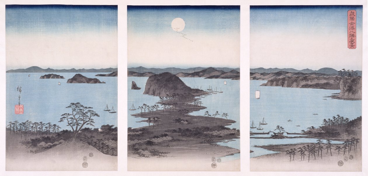 Panorama widoków Kanazawy podczas pełni księżyca, z cyklu „Śnieg, księżyc i kwiaty”, 1857 (drewnodruk) autorstwa Utagawa Hiroshige