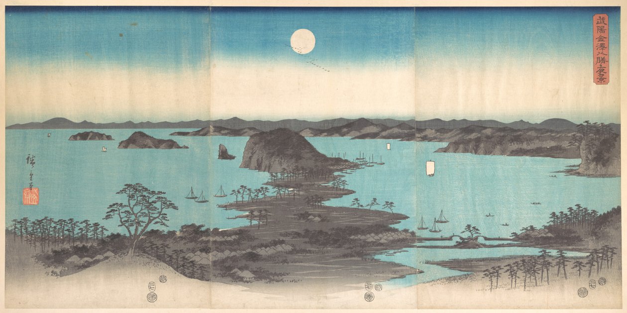 Panorama ośmiu widoków Kanazawy w świetle pełni księżyca autorstwa Utagawa Hiroshige